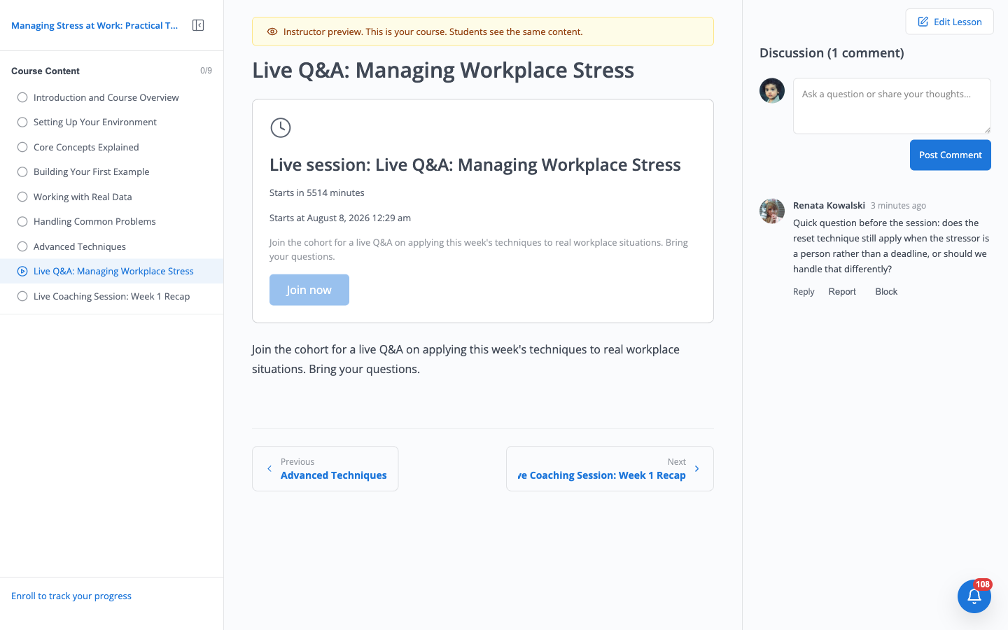 Instructor previewing the live Q&A lesson, showing "Discussion (1 comment)" with Renata Kowalski's question and Reply, Report, and Block actions underneath it