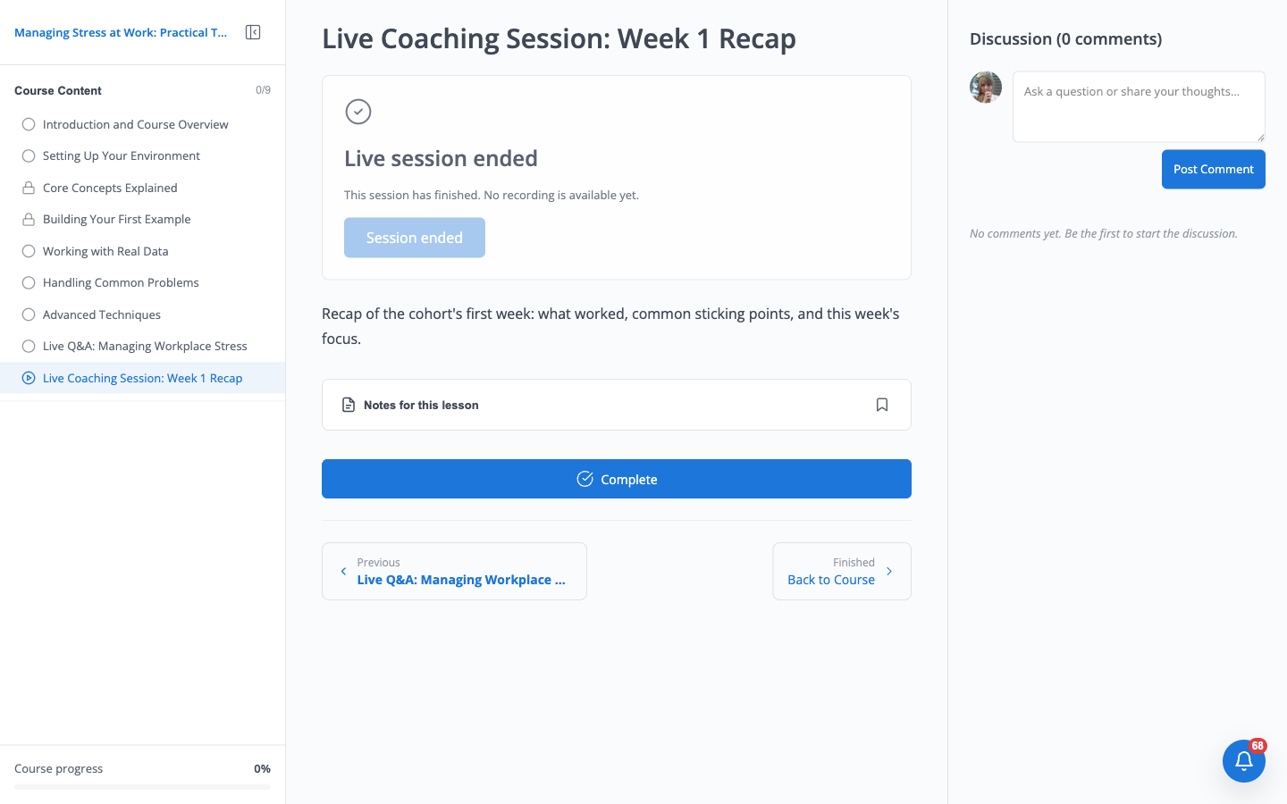 Live Coaching Session: Week 1 Recap in the post-session state, showing "Live session ended", "This session has finished. No recording is available yet.", and a disabled Session ended button