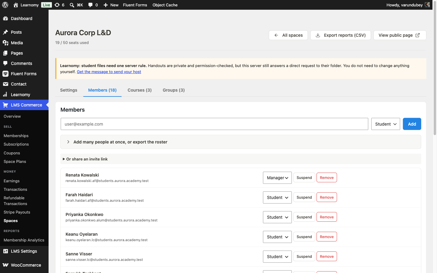 Aurora Corp L&D space overview: header, tabs, and member roster