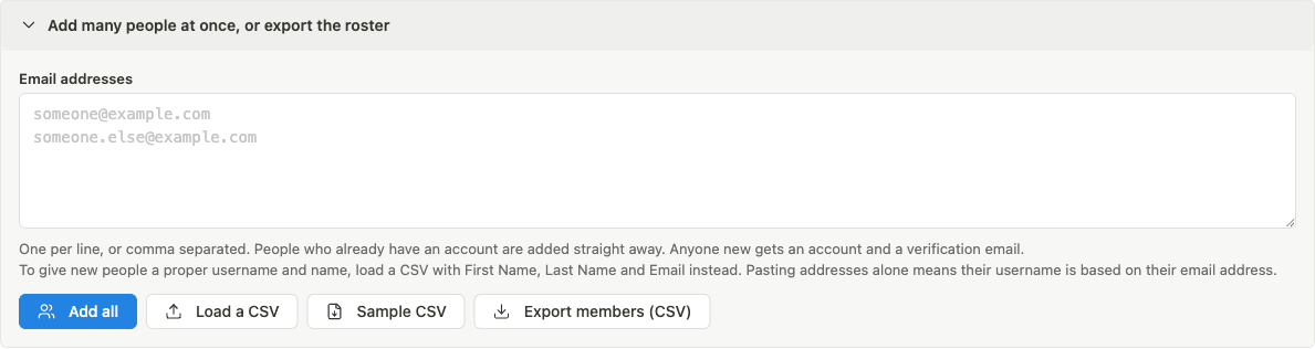 CSV import panel with Sample CSV and Load a CSV