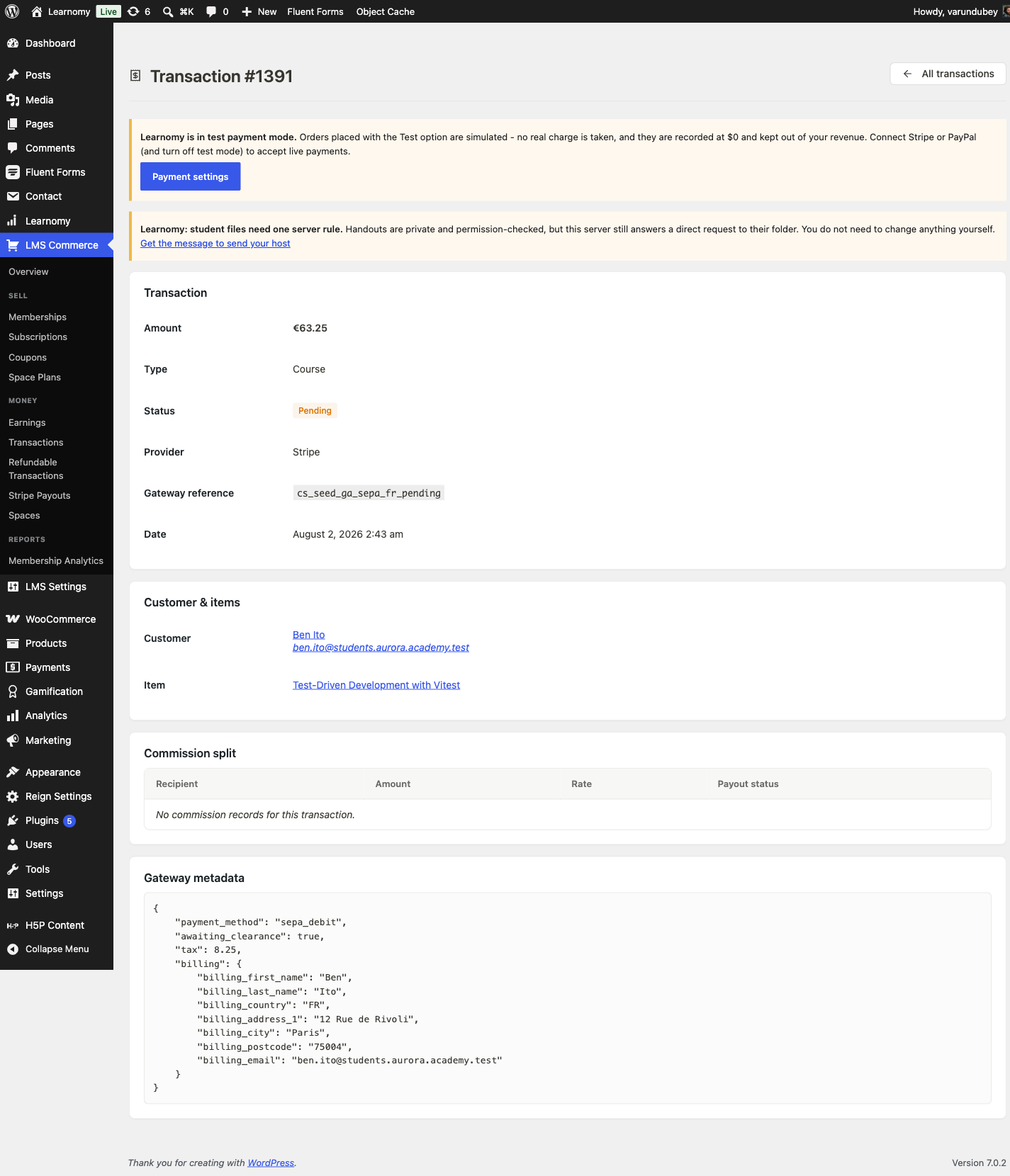 Pending transaction detail, status Pending, gateway metadata showing awaiting_clearance true