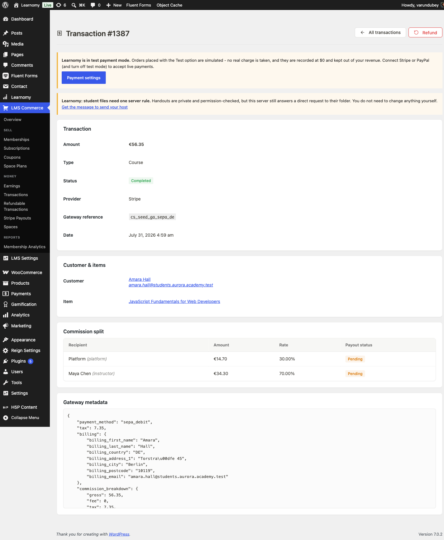 Cleared SEPA transaction detail, frozen German billing address, tax and commission split shown