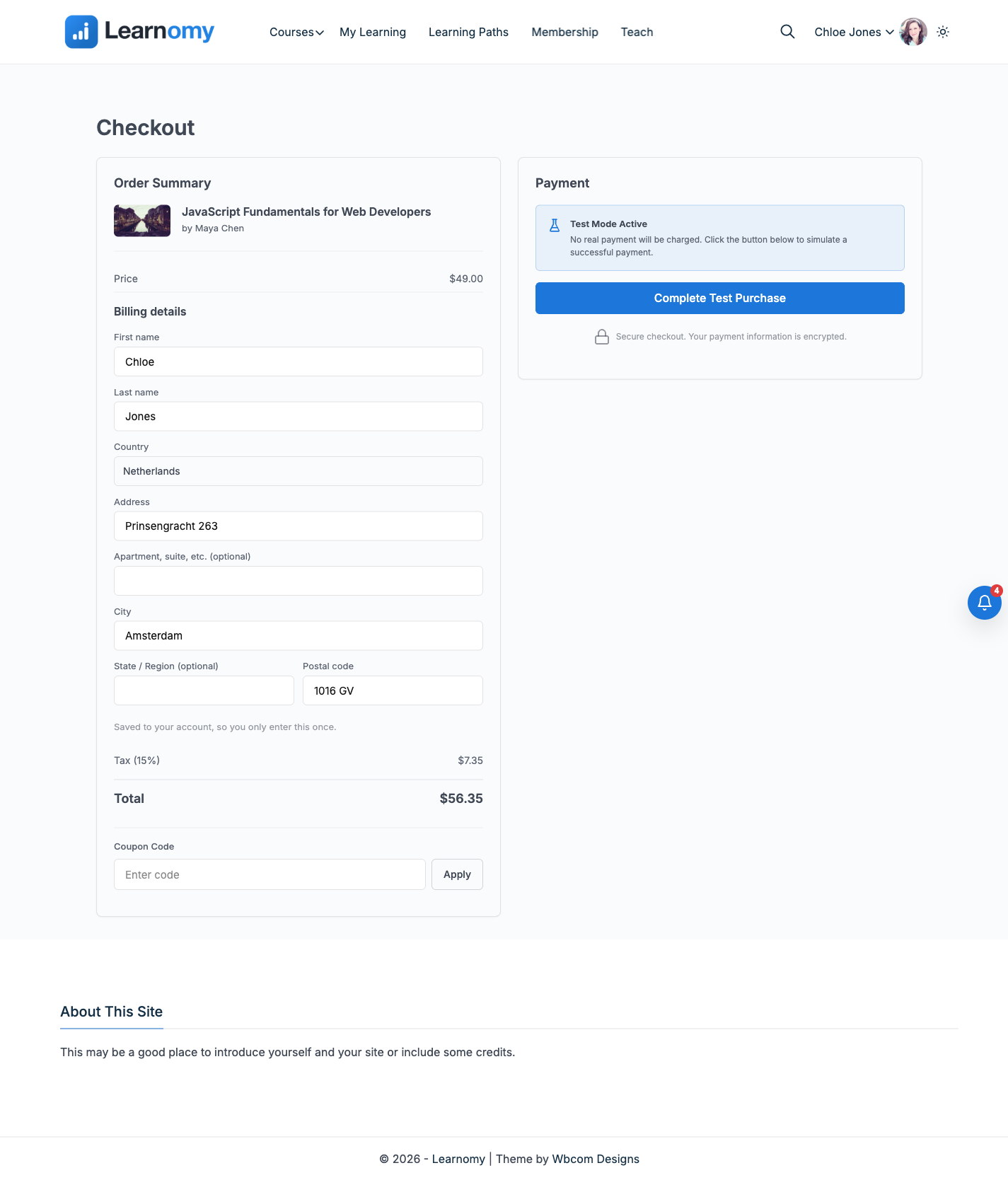 Checkout billing details form, pre-filled with a Netherlands address, tax line shown