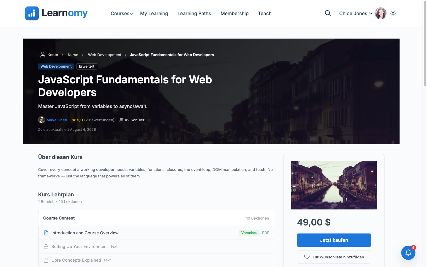 Course page rendered in German for a logged-in student, Jetzt kaufen button visible