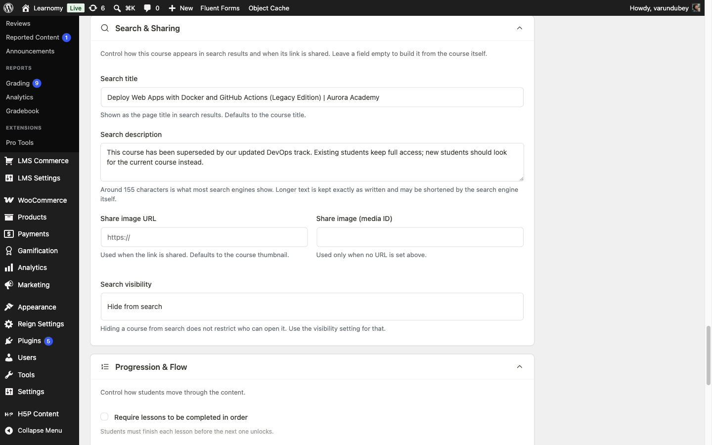 Search & Sharing section, Search title and Search description overridden for a superseded course