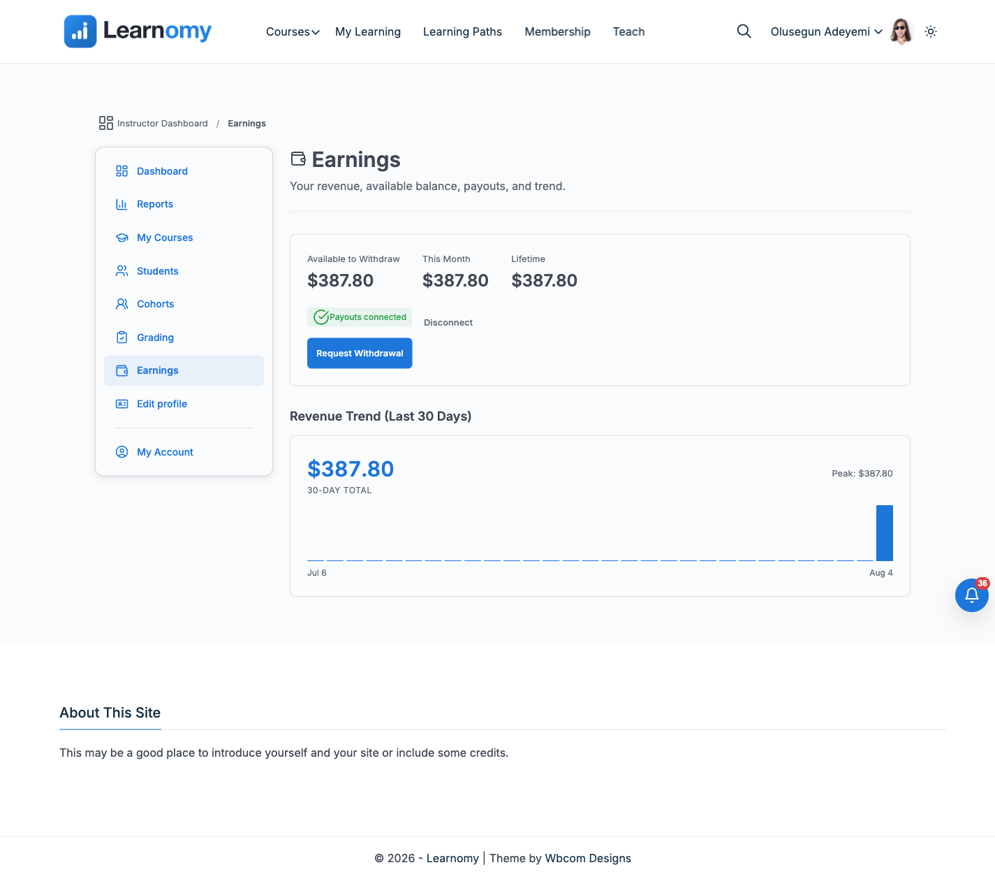 Instructor Earnings page with Available to Withdraw, This Month, and Lifetime figures