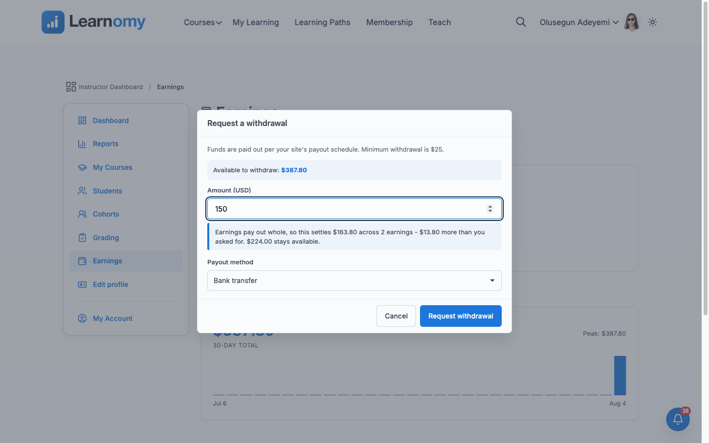 Request a withdrawal dialog, filled in with amount and payout method