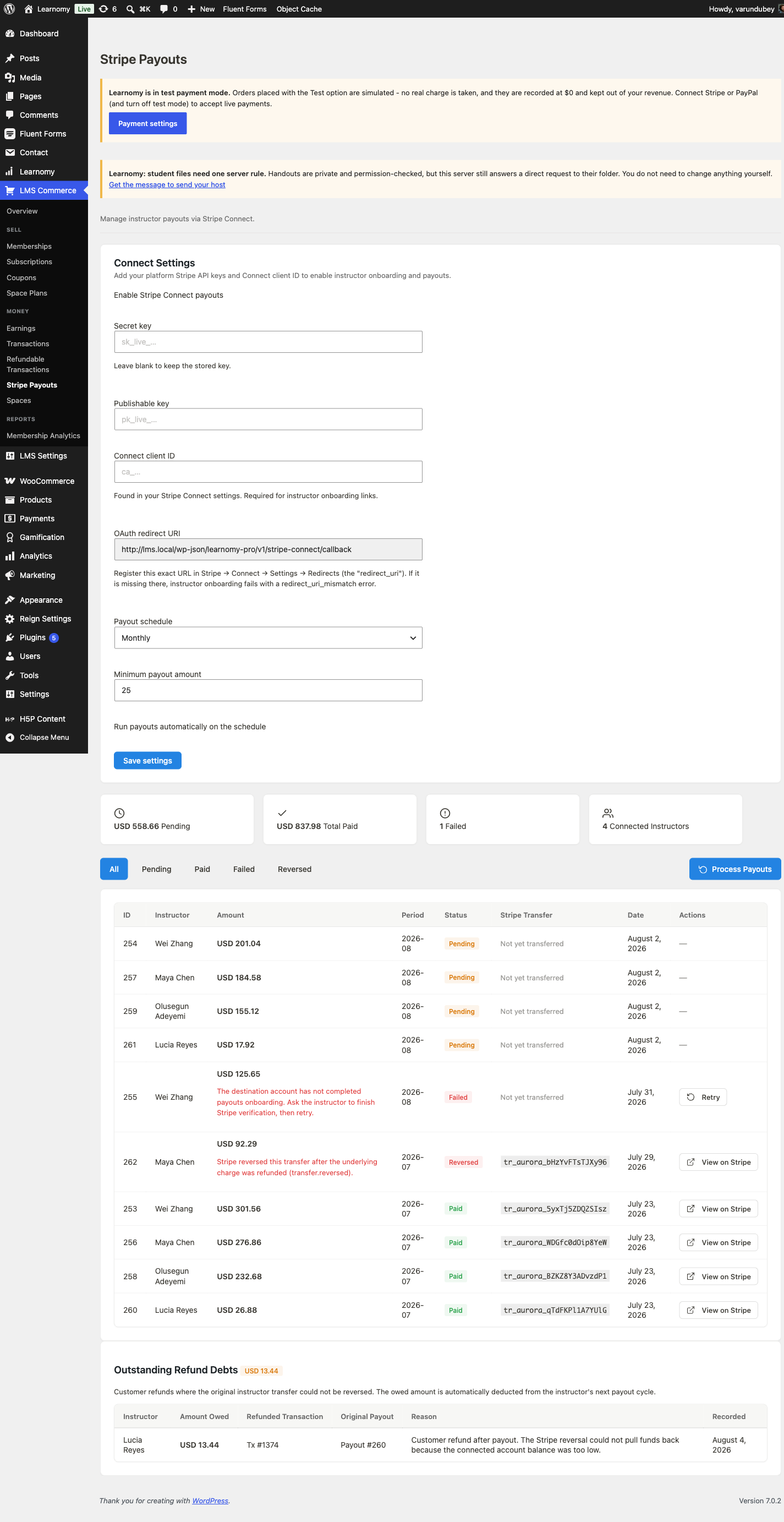 Stripe Payouts page with paid, pending, and failed rows across four connected instructors