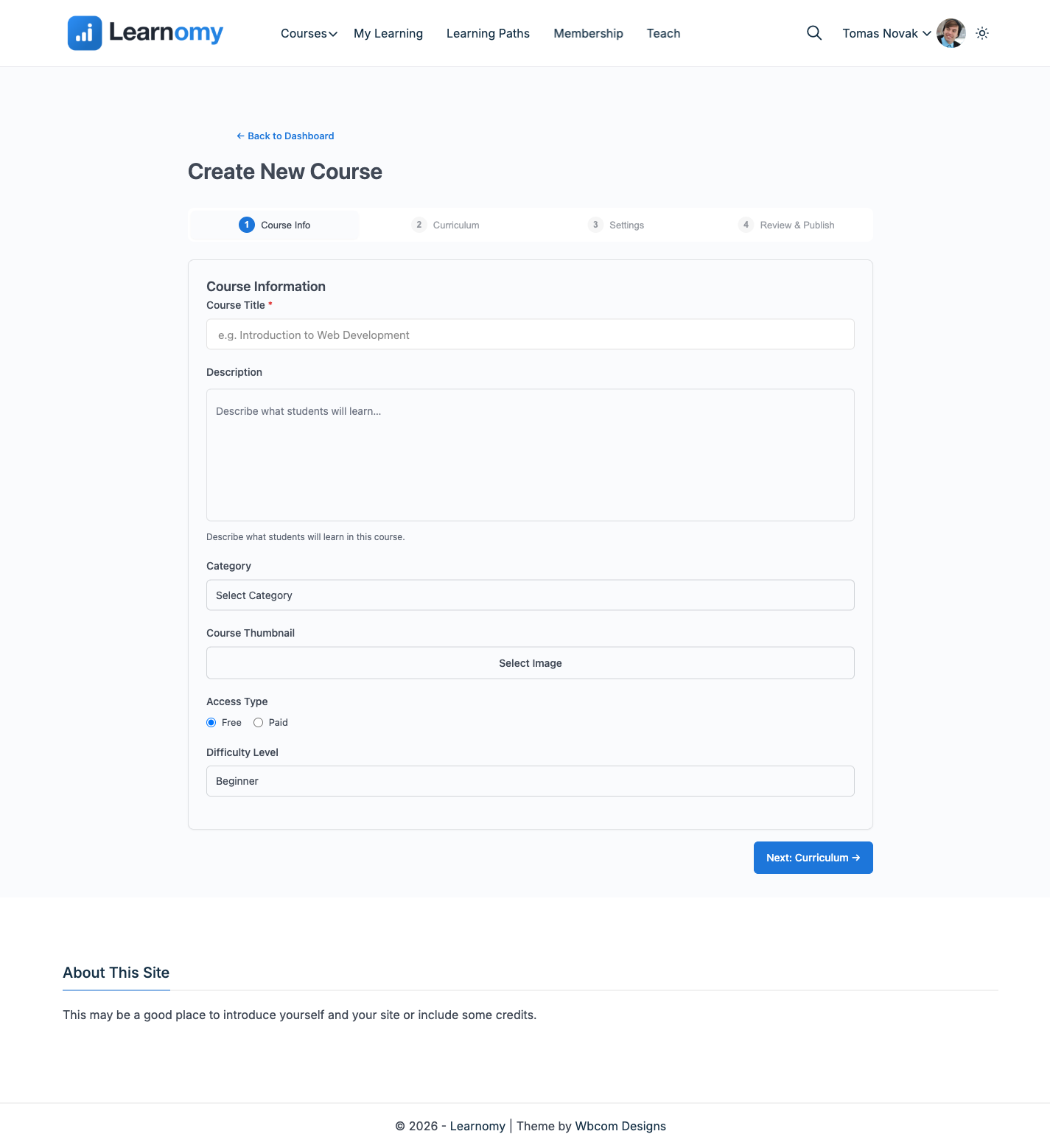 Frontend course builder, Course Info step, as a newly approved instructor