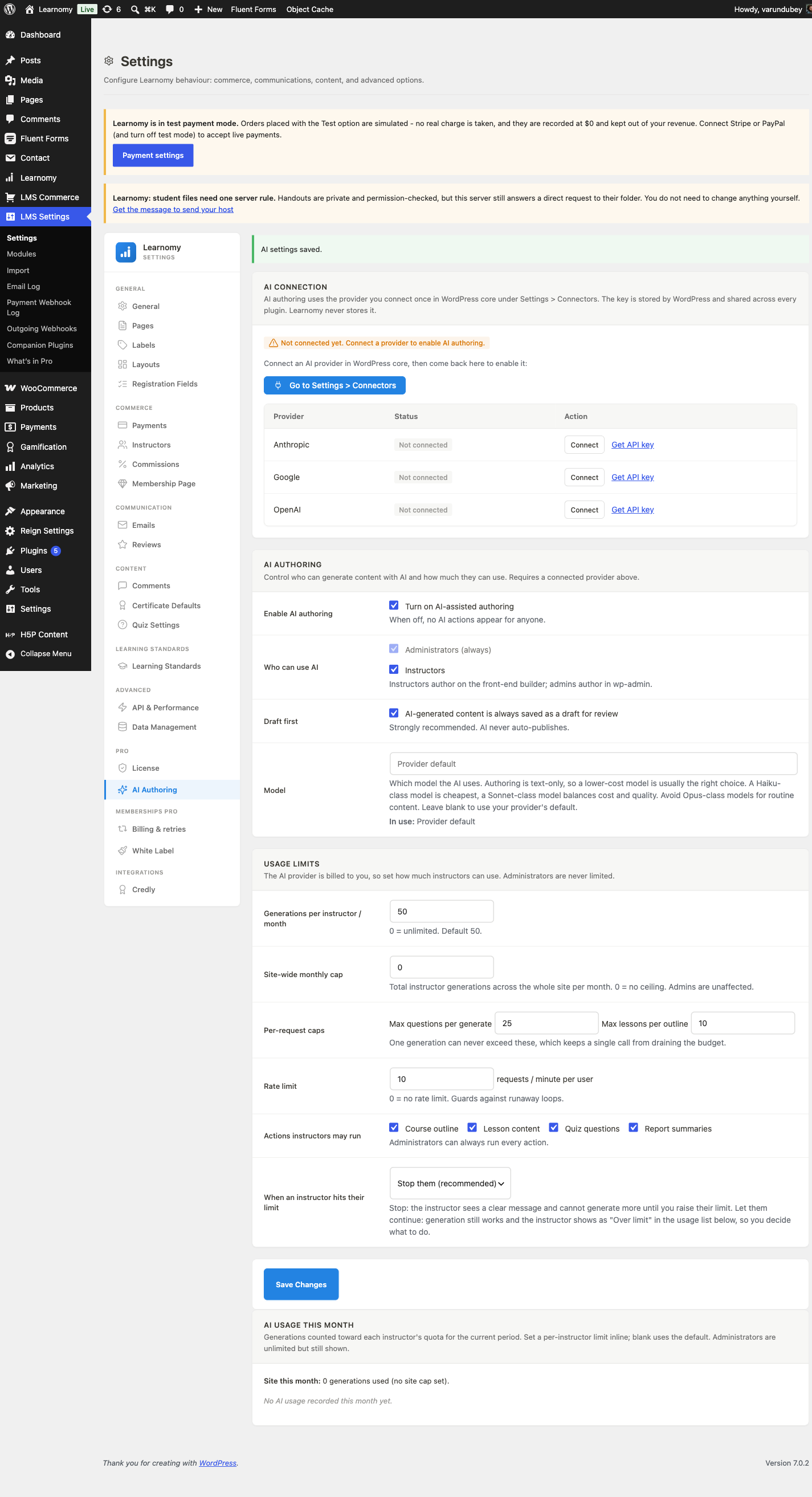 AI authoring settings enabled, with the AI connection card reading Not connected yet