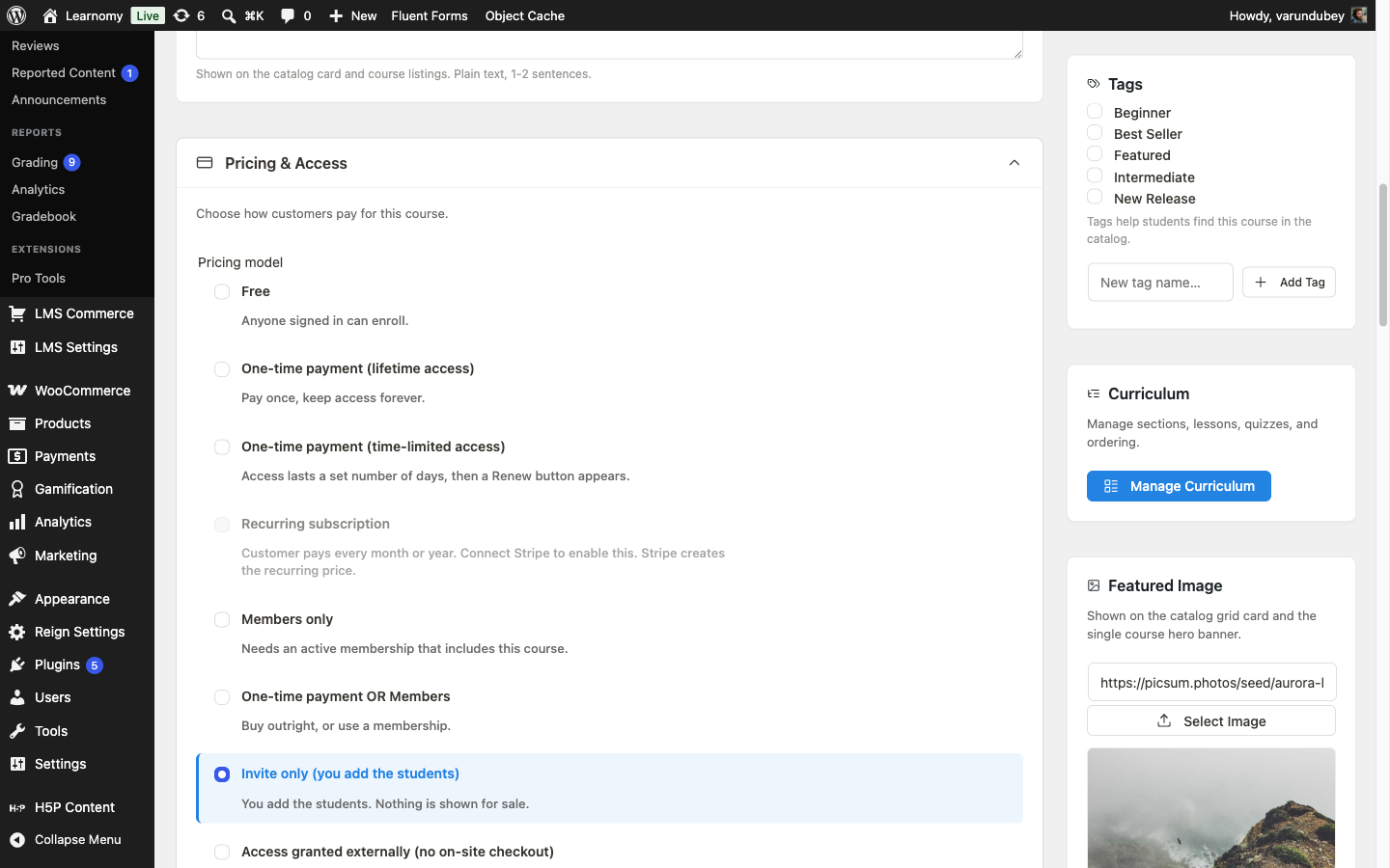 Pricing model selector with Invite only selected