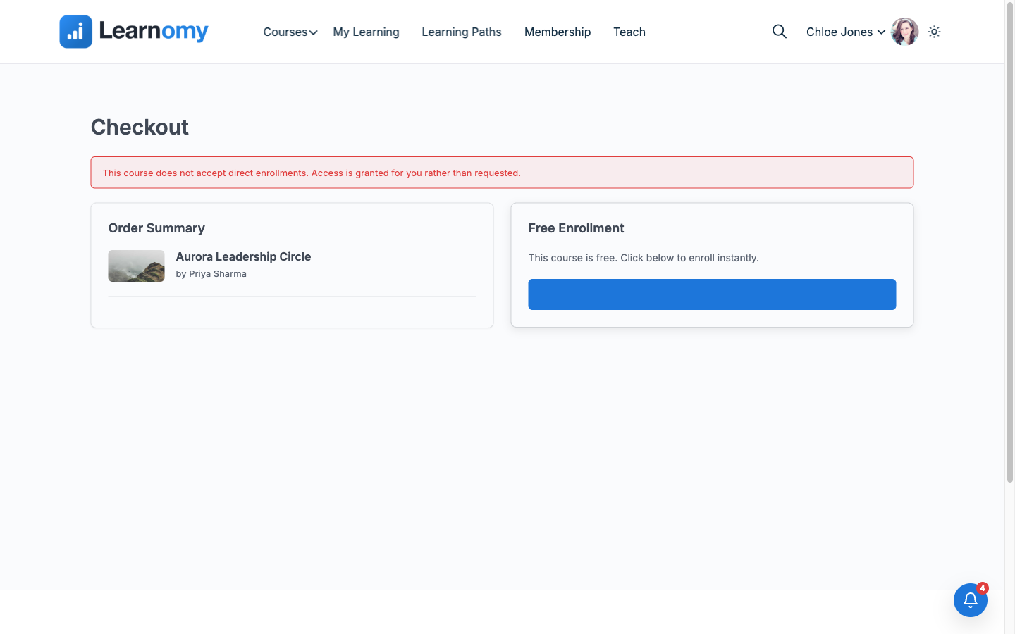 Checkout page showing the direct-enrollment refusal message
