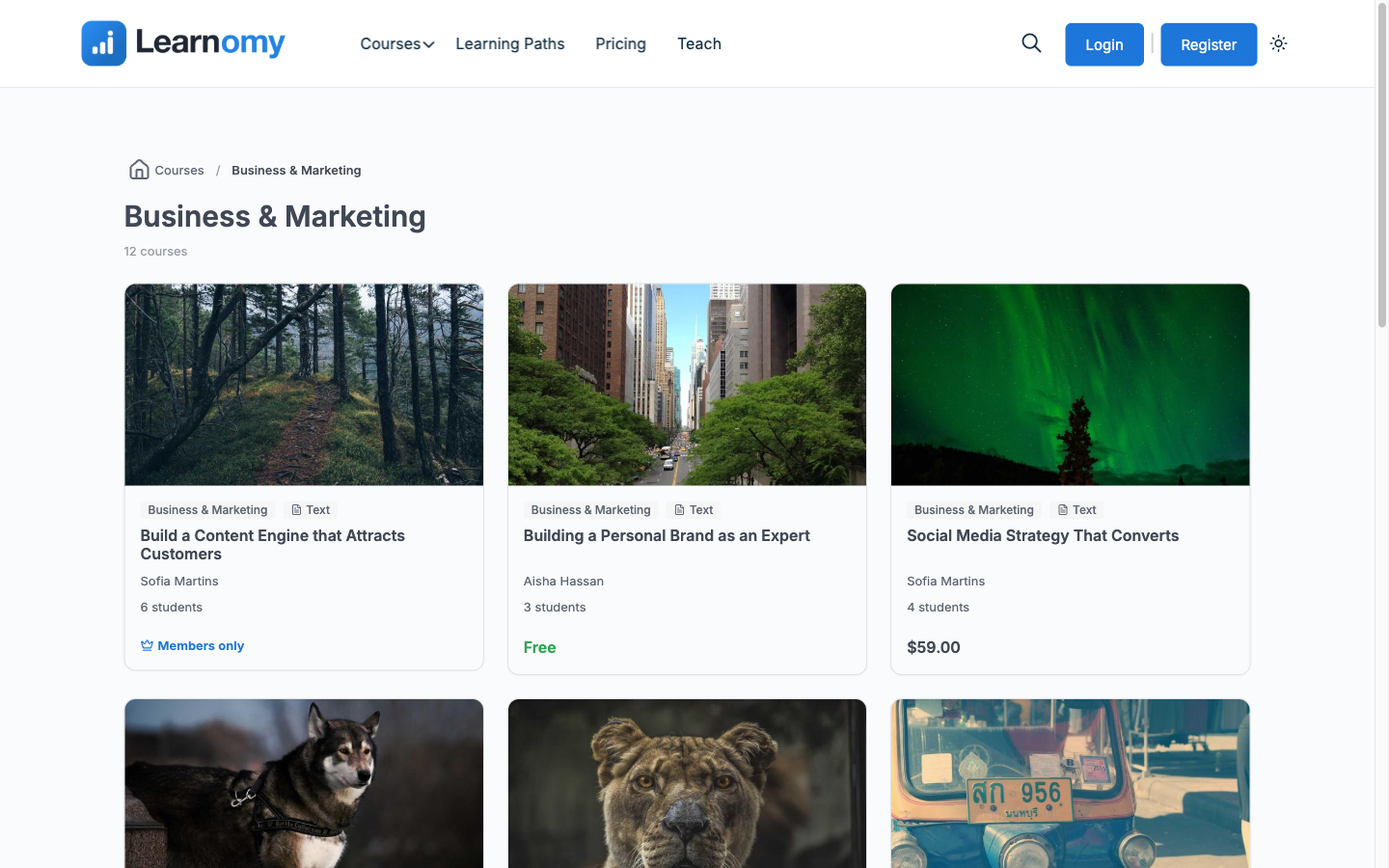 Logged-out catalog and category listing without either private course