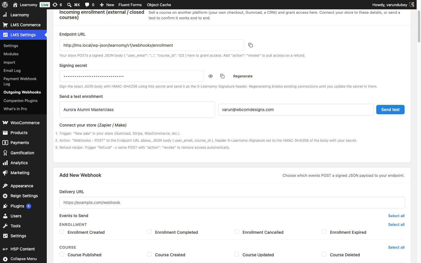 Incoming enrollment webhook panel with Aurora Alumni Masterclass selected