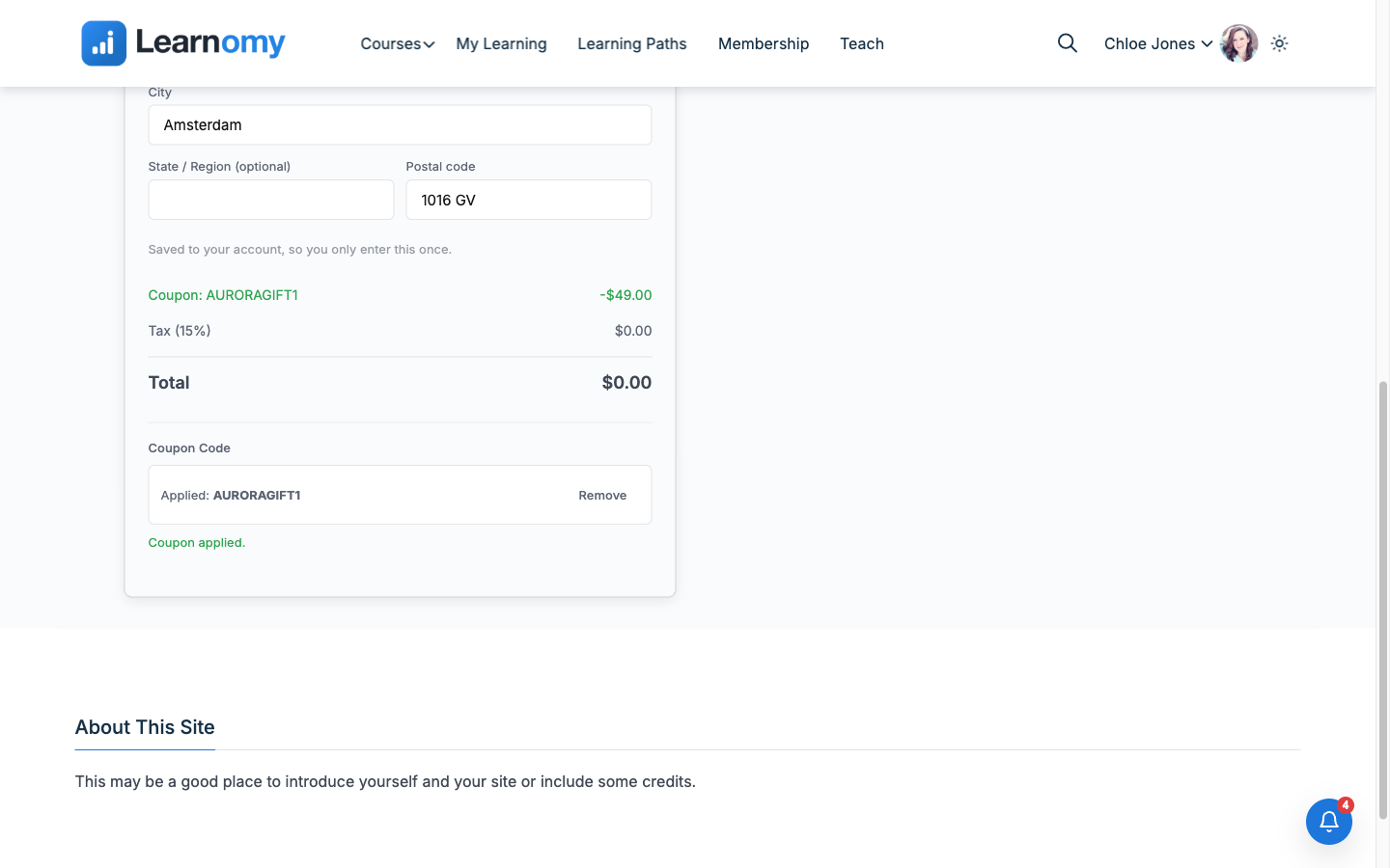Coupon AURORAGIFT1 applied, dropping the total to zero