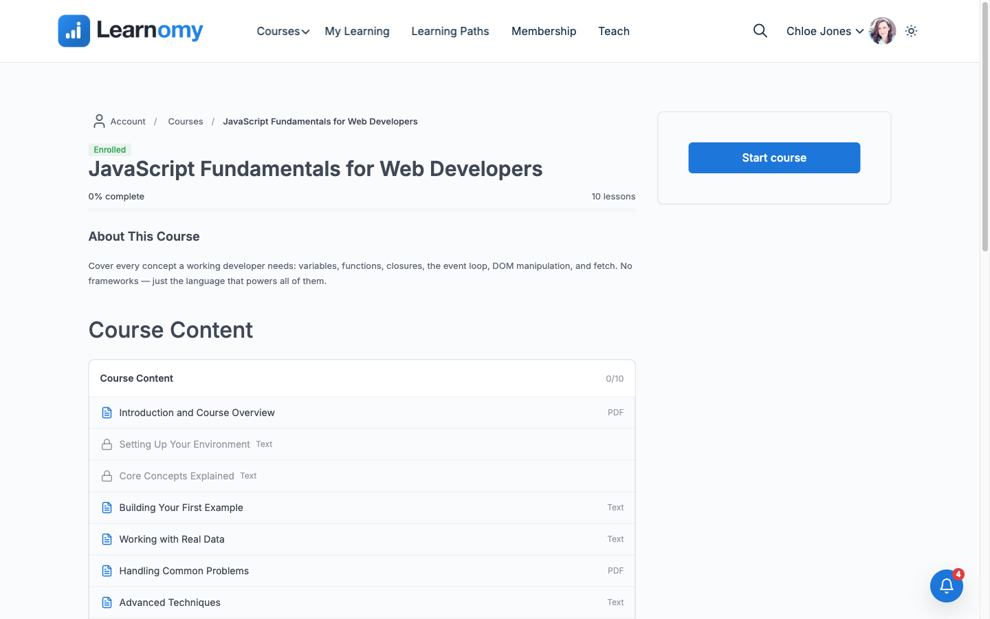 JavaScript Fundamentals course page after the gift-coupon order completed