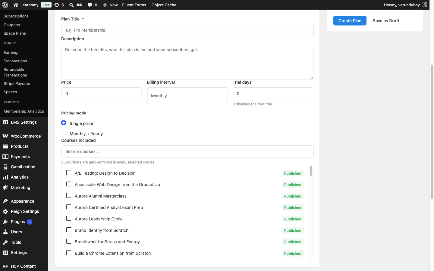 Essentials accordion open on the Aurora Pro plan editor, with the Courses included checklist visible