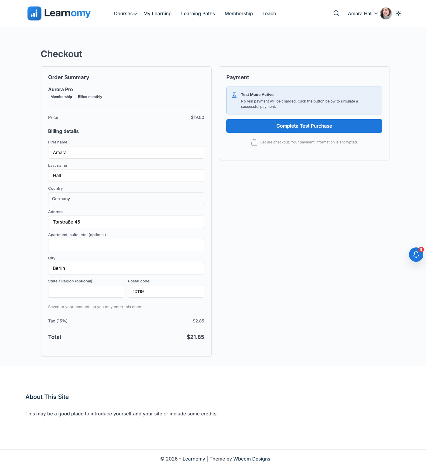 Student checkout for the Aurora Pro plan with Test Payment selected