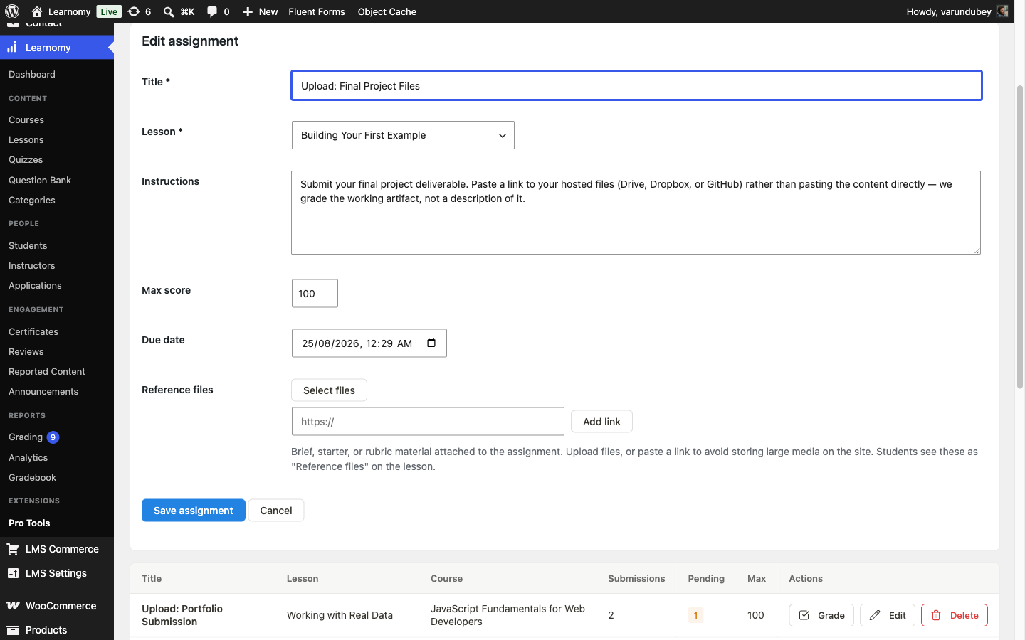 Assignment editor for the Upload: Final Project Files assignment, showing title, lesson, instructions, max score, due date, and reference files