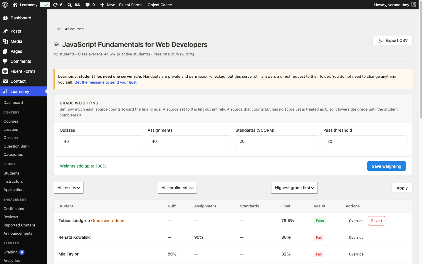 Gradebook weighting card for JavaScript Fundamentals for Web Developers, set to Quizzes 40, Assignments 40, Standards 20, pass threshold 70