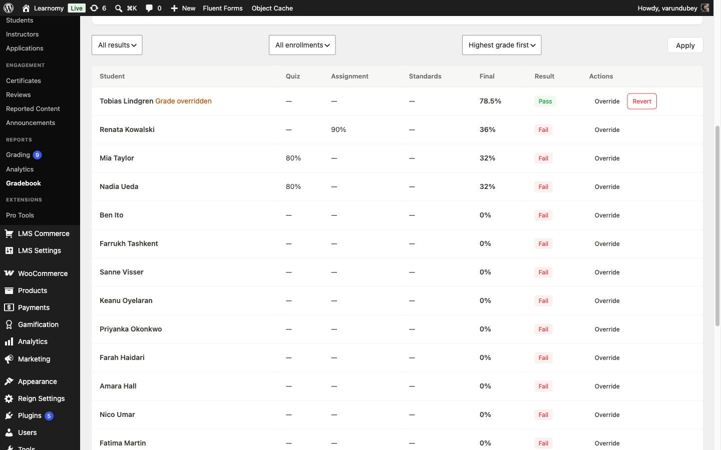 Gradebook grid with Tobias Lindgren showing a Grade overridden badge, 78.5% Pass, and a Revert action
