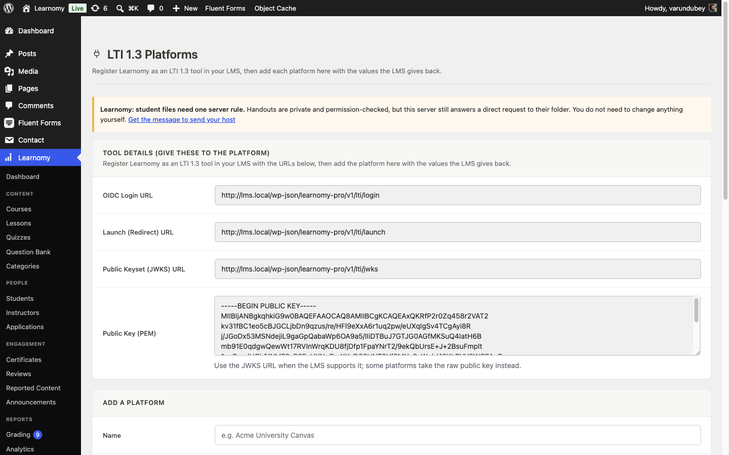 LTI Platforms screen showing the tool's OIDC Login URL, Launch URL, JWKS URL, and public key, ready to paste into a partner LMS