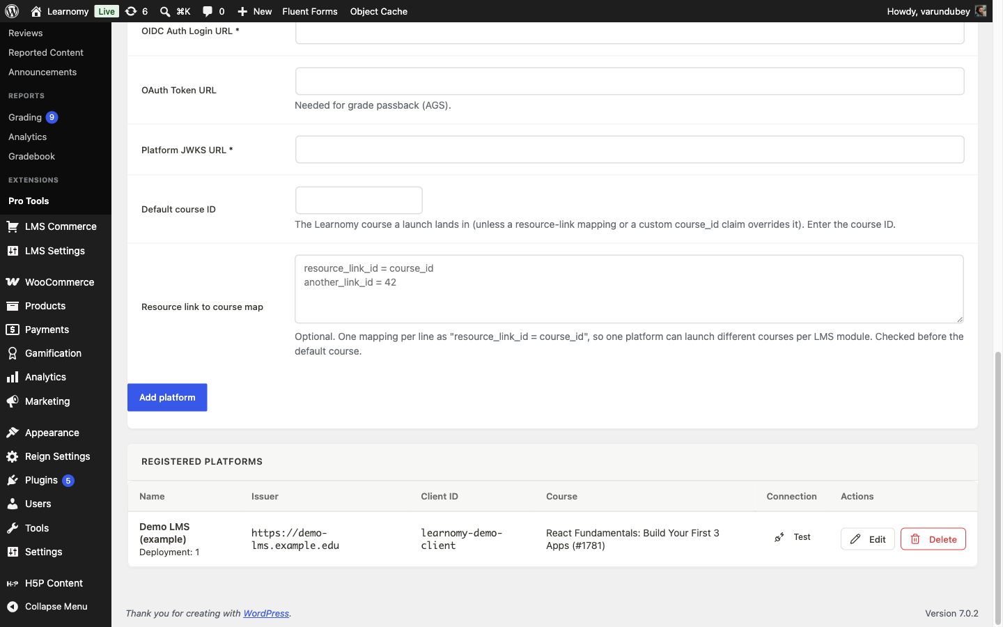 Registered Platforms table showing the Demo LMS (example) platform, its issuer, client ID, and mapped course