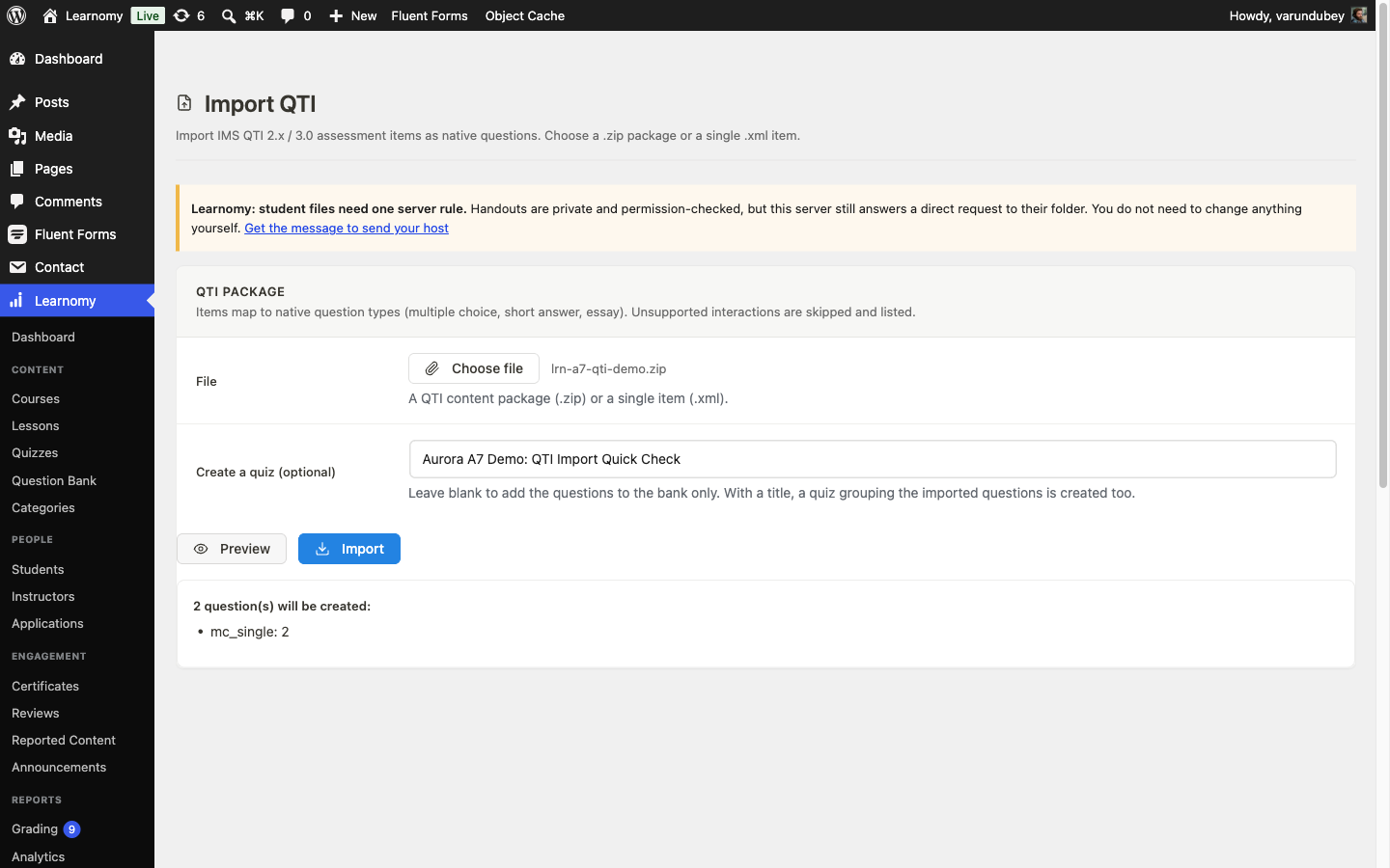 Import QTI screen after Preview, reporting 2 questions will be created as mc_single