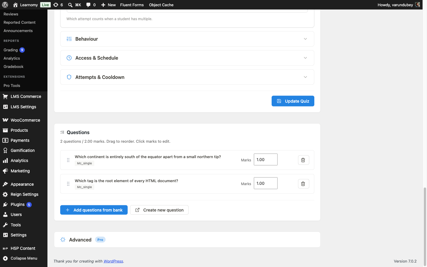 Quiz editor Questions panel showing the two imported multiple-choice questions, editable and drag-to-reorder
