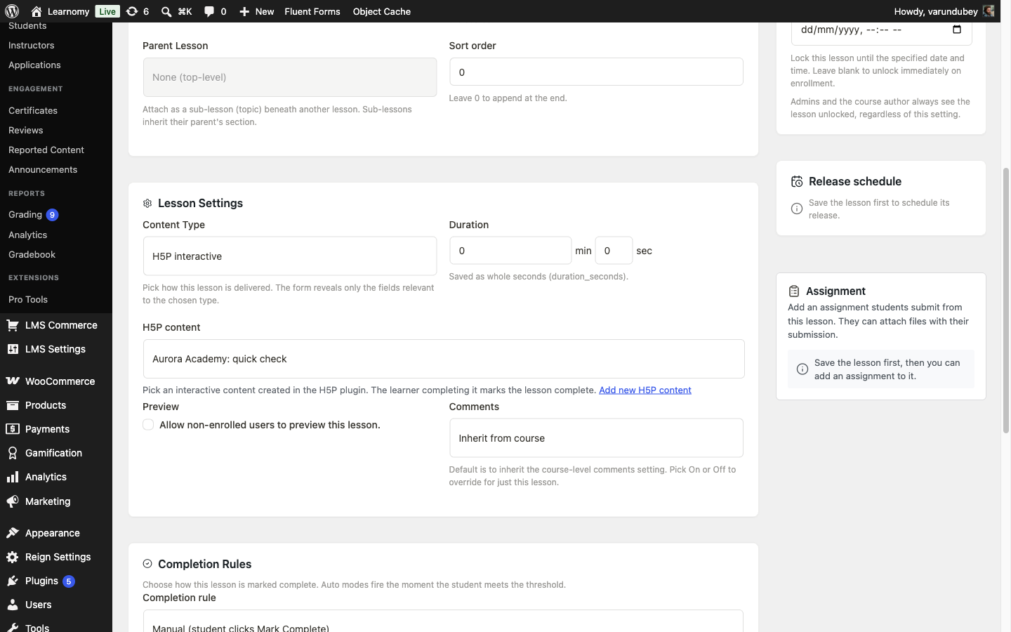 Lesson editor H5P content picker, with Aurora Academy: quick check selected as the H5P content