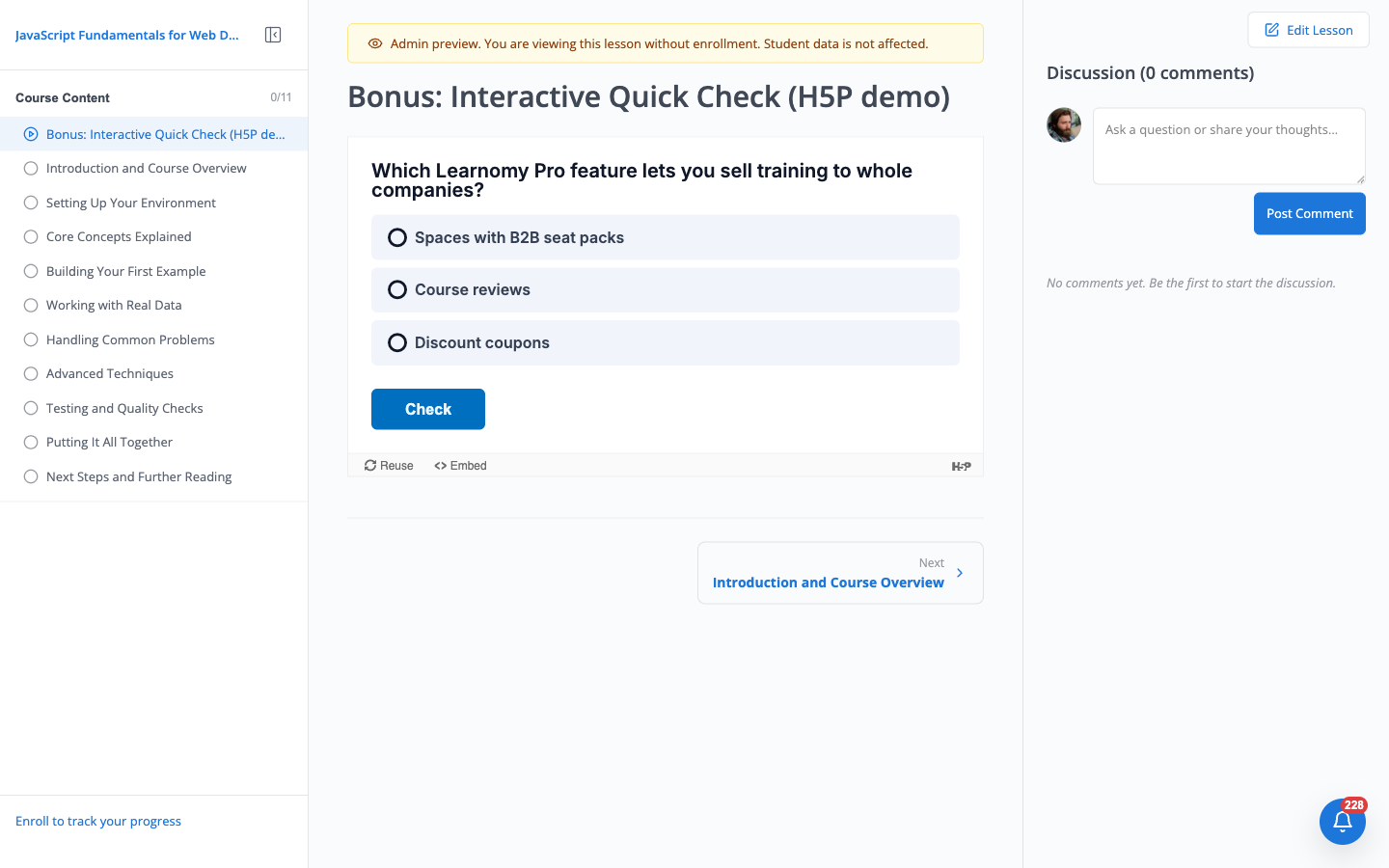 Lesson player rendering the H5P interactive multiple-choice question inline, with a Check button