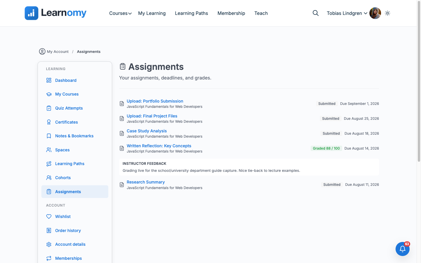 Learner Assignments page showing Written Reflection: Key Concepts graded 88/100 with instructor feedback, other assignments still Submitted