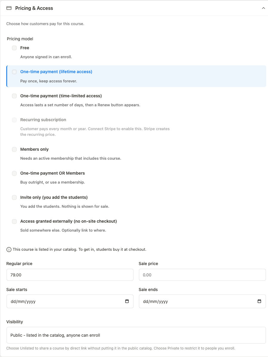 Pricing model selector showing all eight options