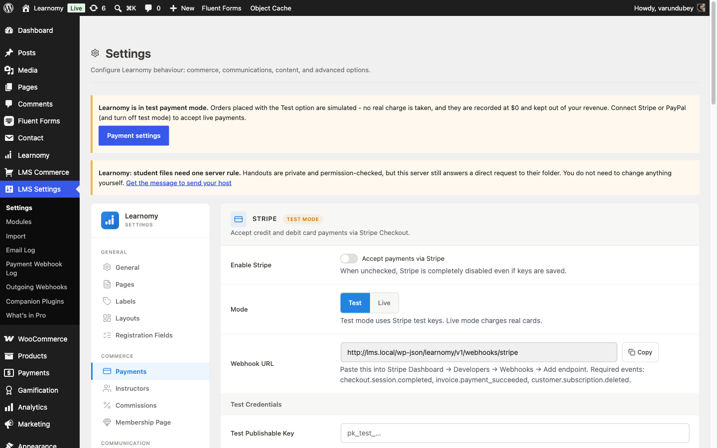 Stripe gateway settings card