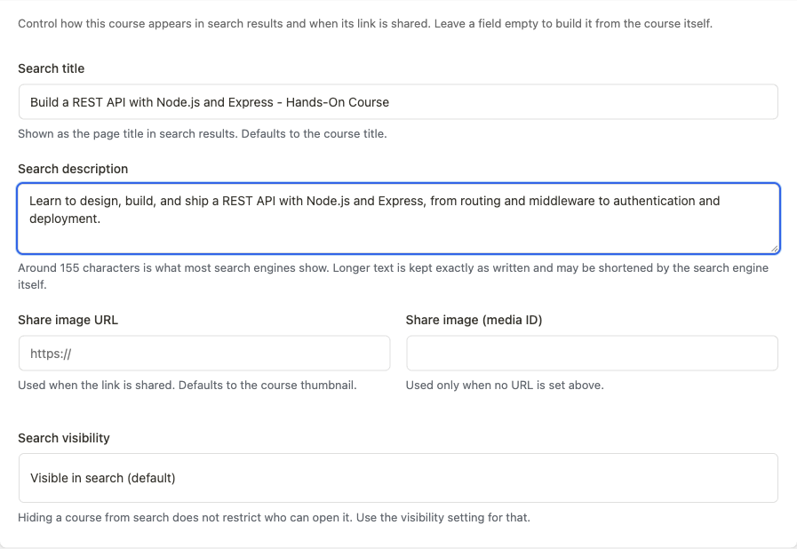 SEO override fields on the course editor