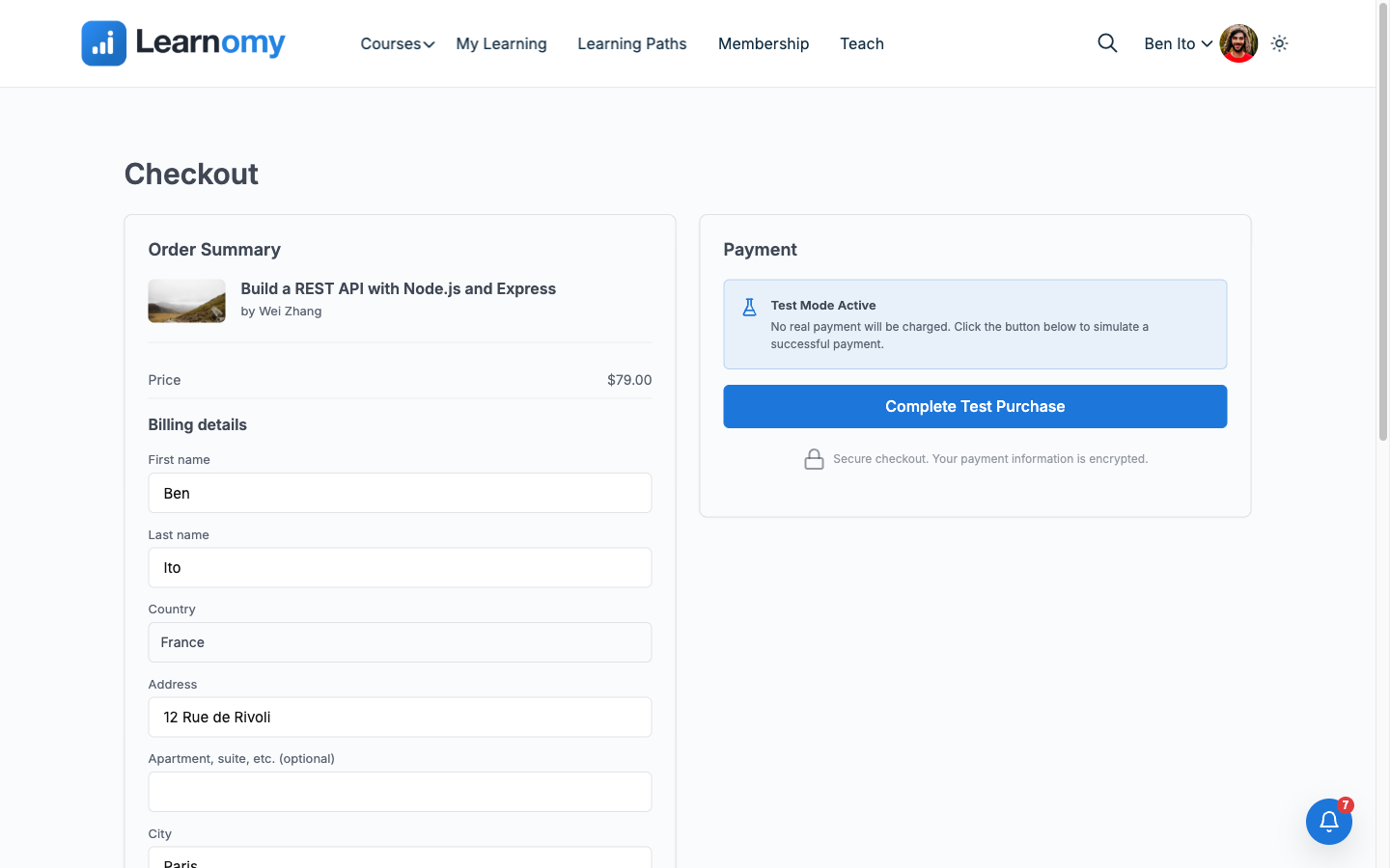 Student checkout page with Test Payment selected