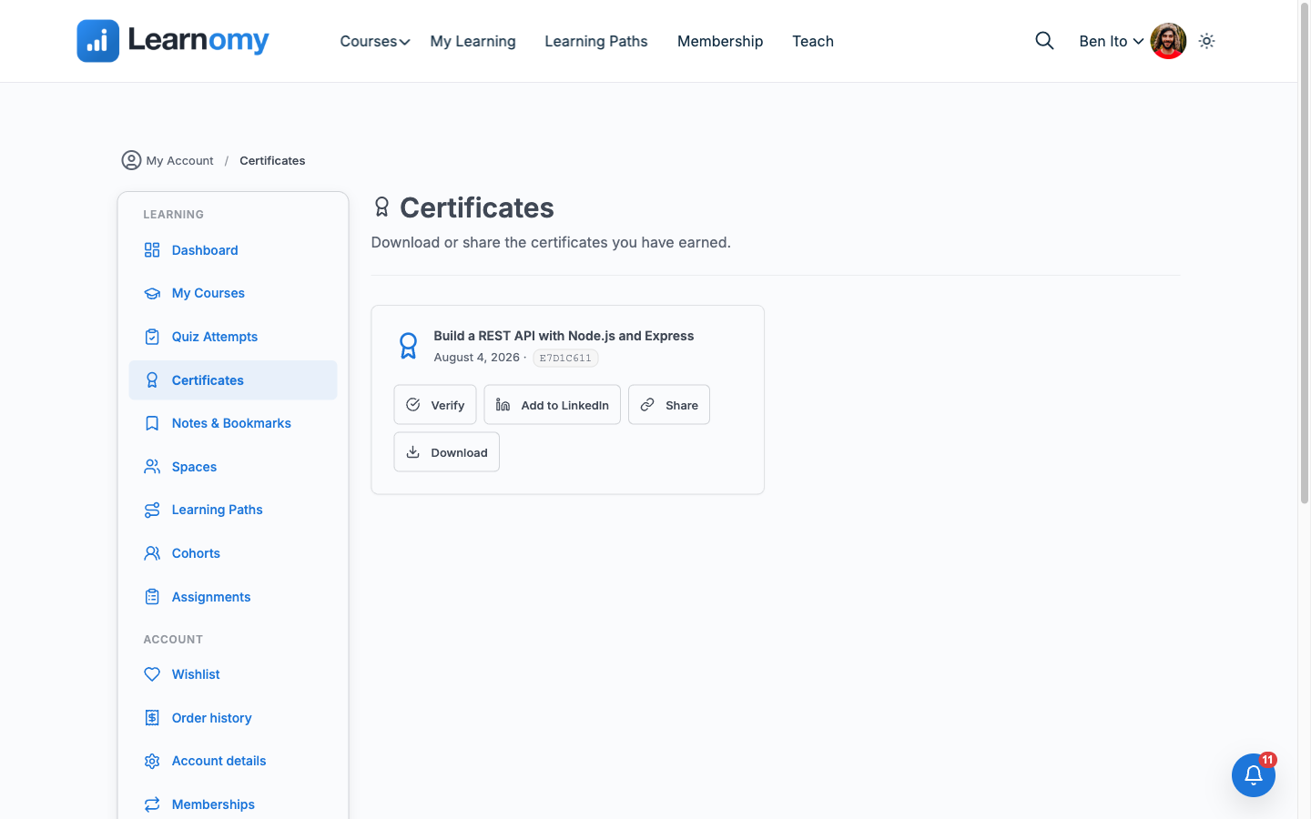 Issued certificate on the student's My Certificates page