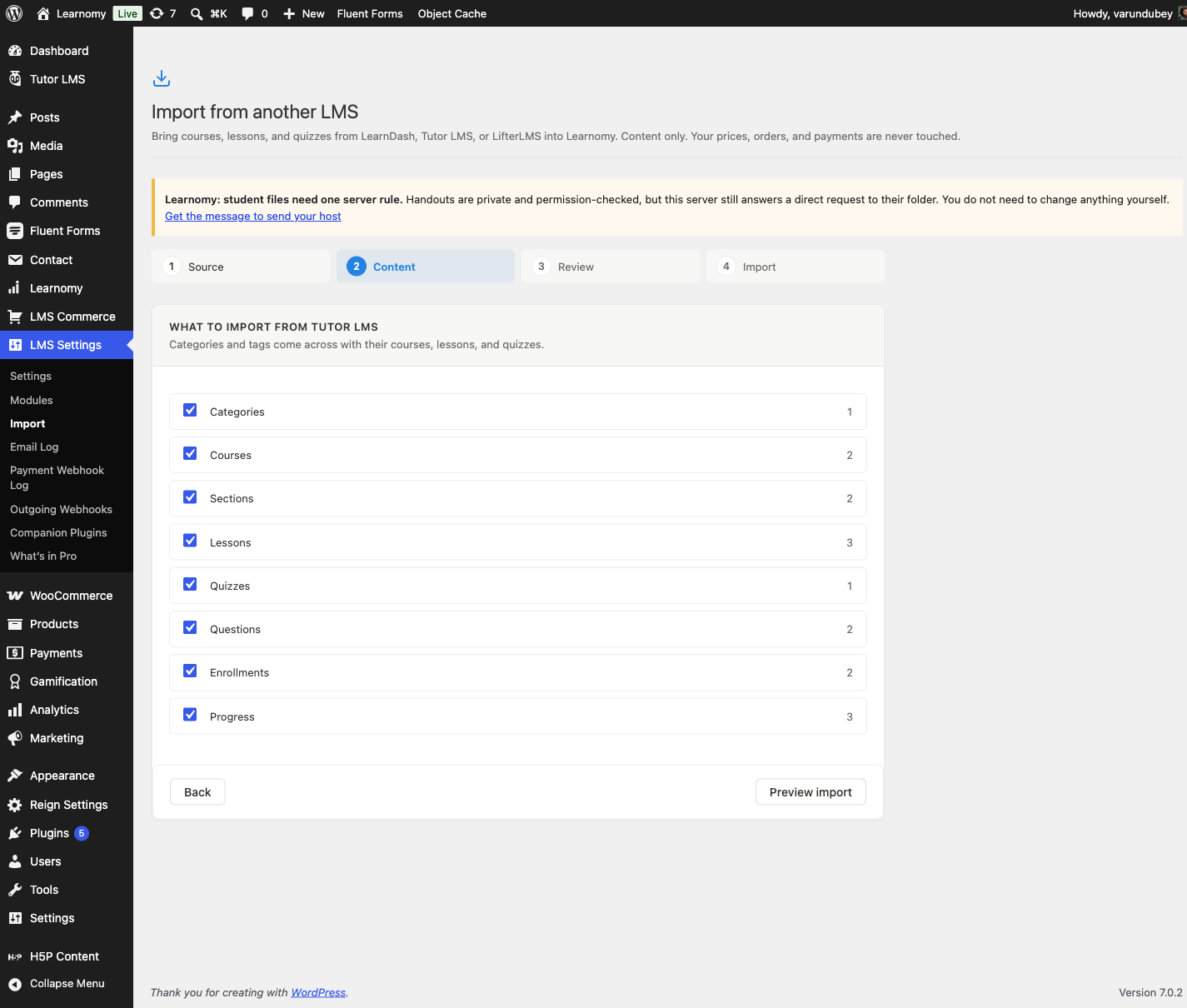 Content selection step showing item checklist with Enrollments and Progress toggles checked