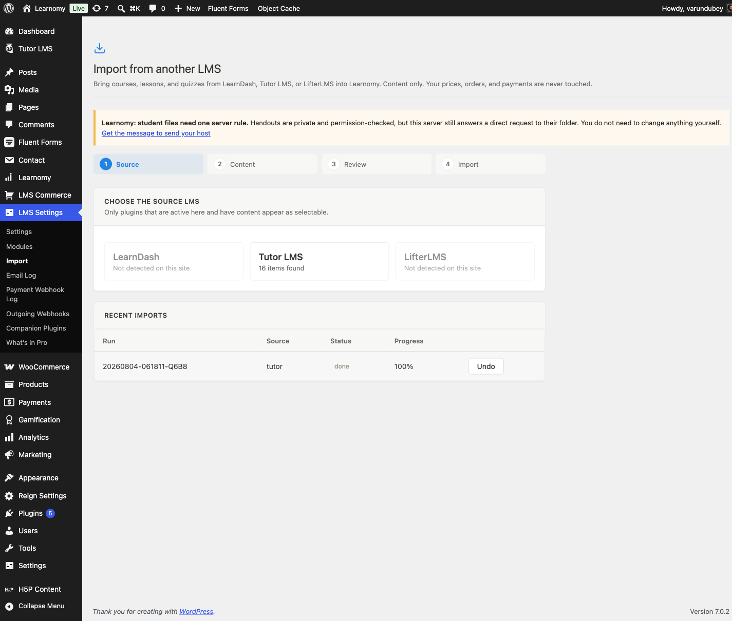 Import screen showing a completed run at 100% with an Undo action