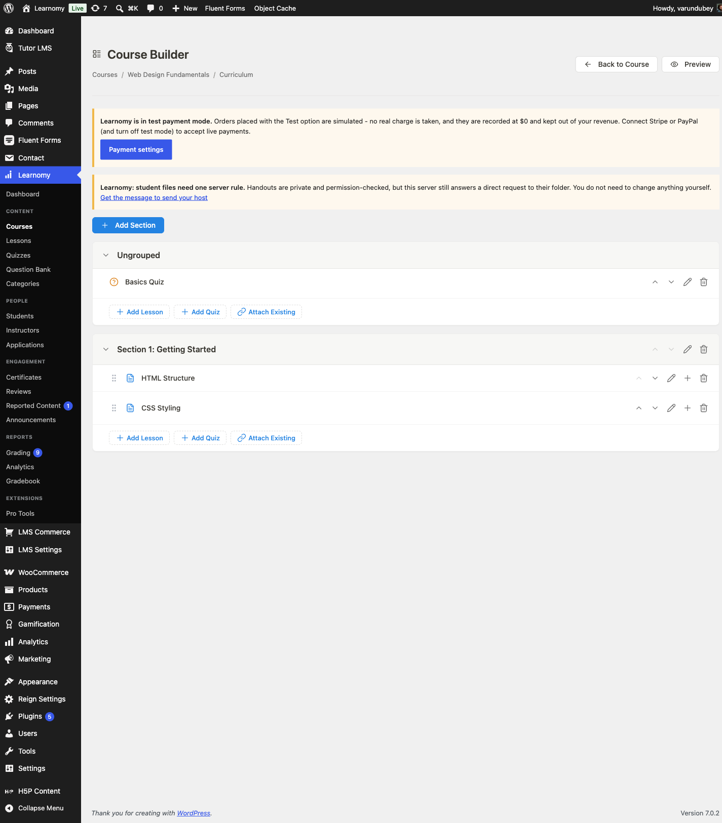 Course Builder showing a migrated course with its section, lessons, and an ungrouped quiz