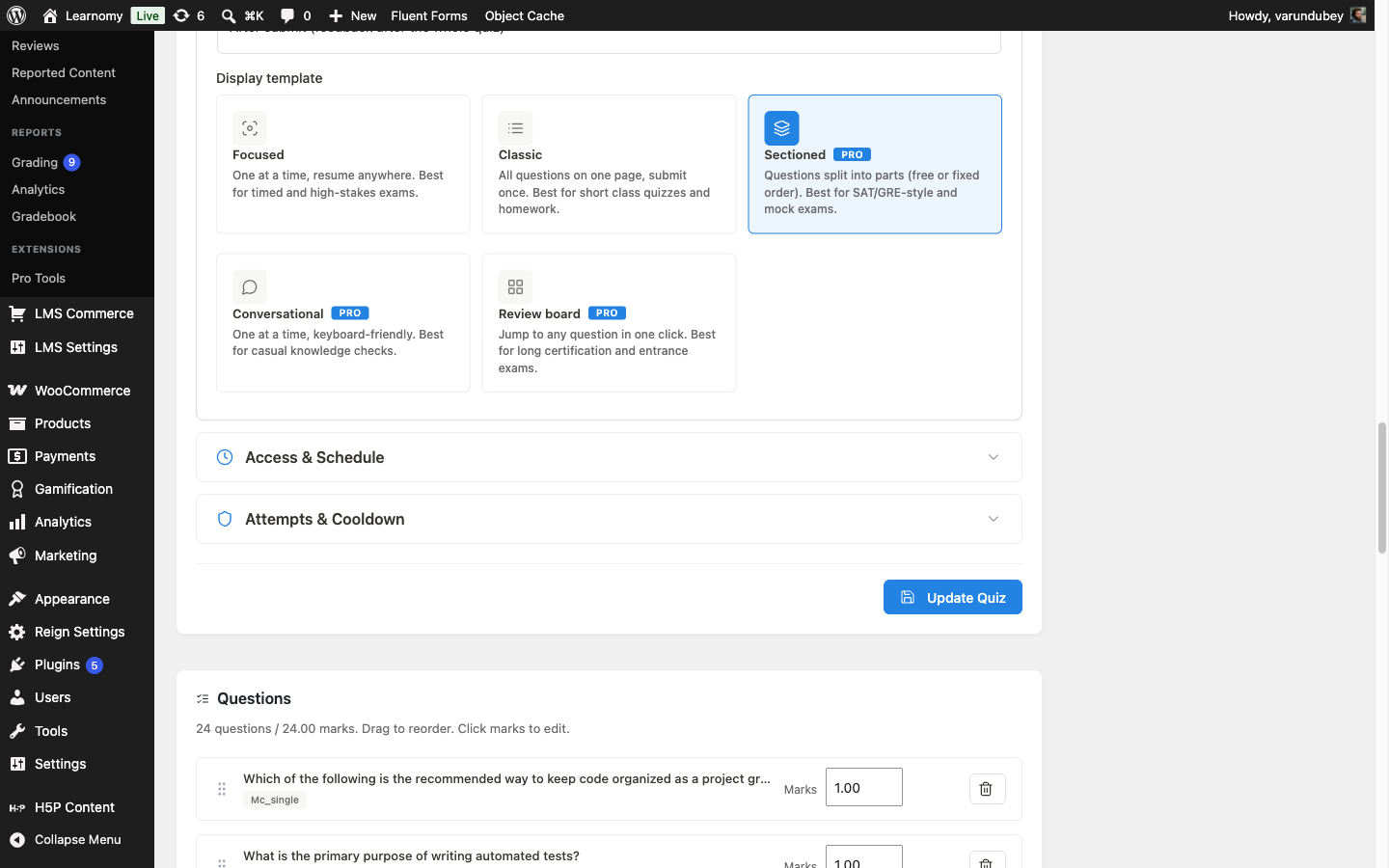 Display template selector showing all five layouts, Focused, Classic, Sectioned, Conversational, and Review board, with Sectioned selected