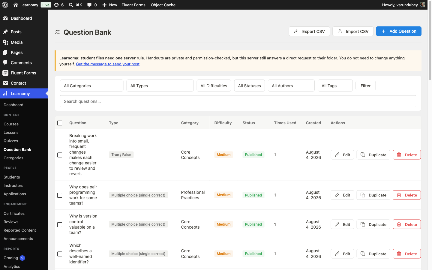 Question Bank list with filter bar for category, type, difficulty, status, author, and tag