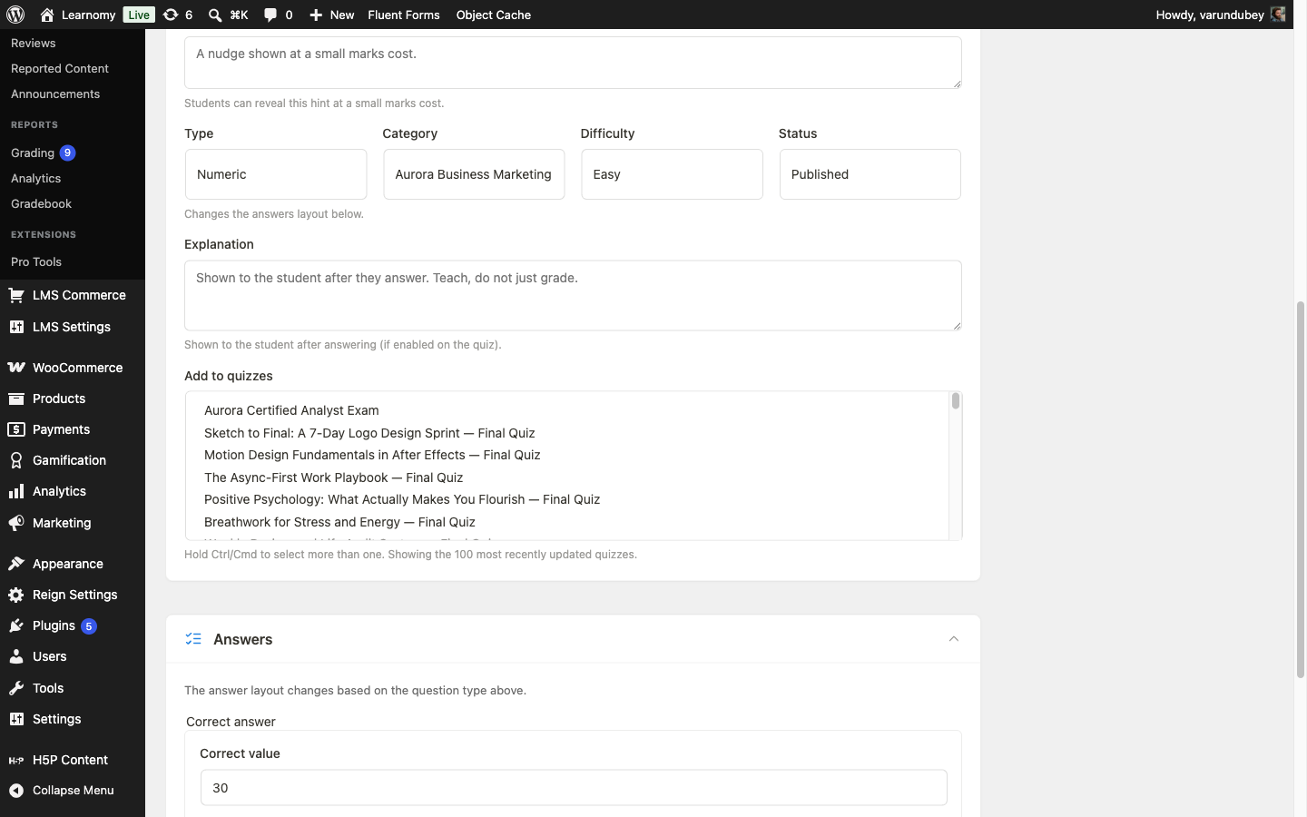 Question editor showing Type set to Numeric, with Correct value and Accepted tolerance answer fields