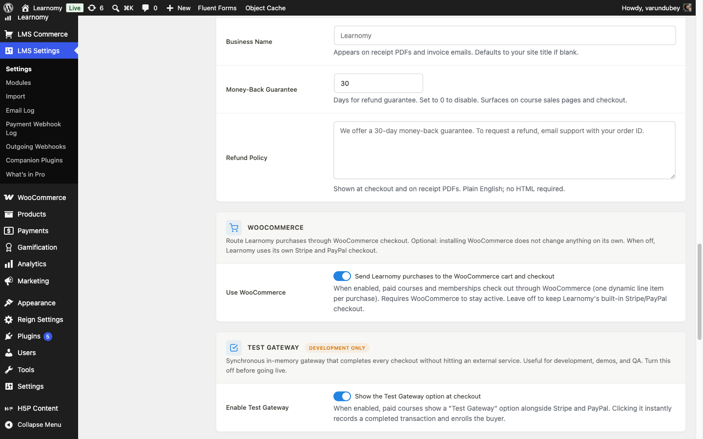 Payments settings with the WooCommerce card enabled