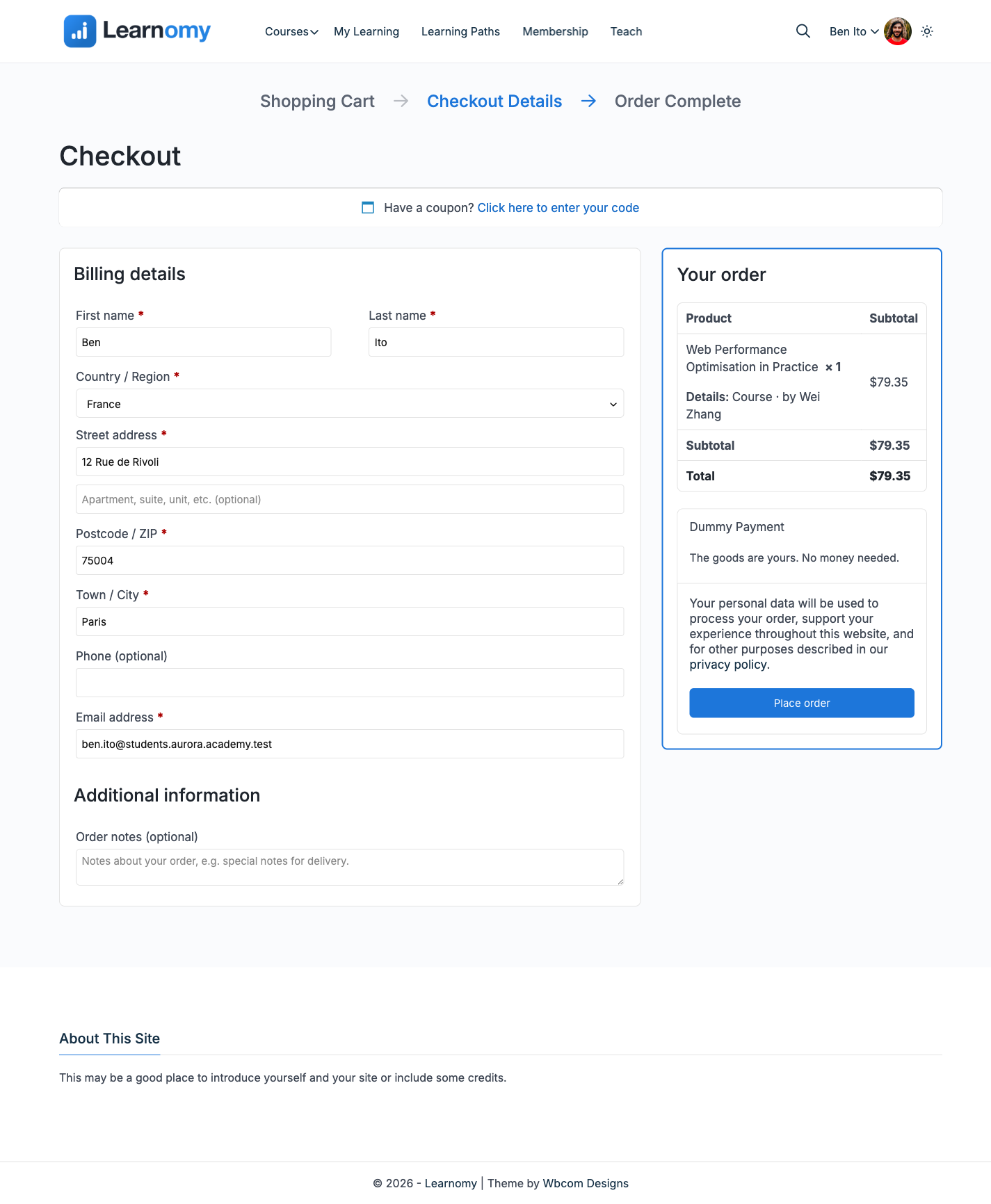 WooCommerce checkout carrying the course as a single line item
