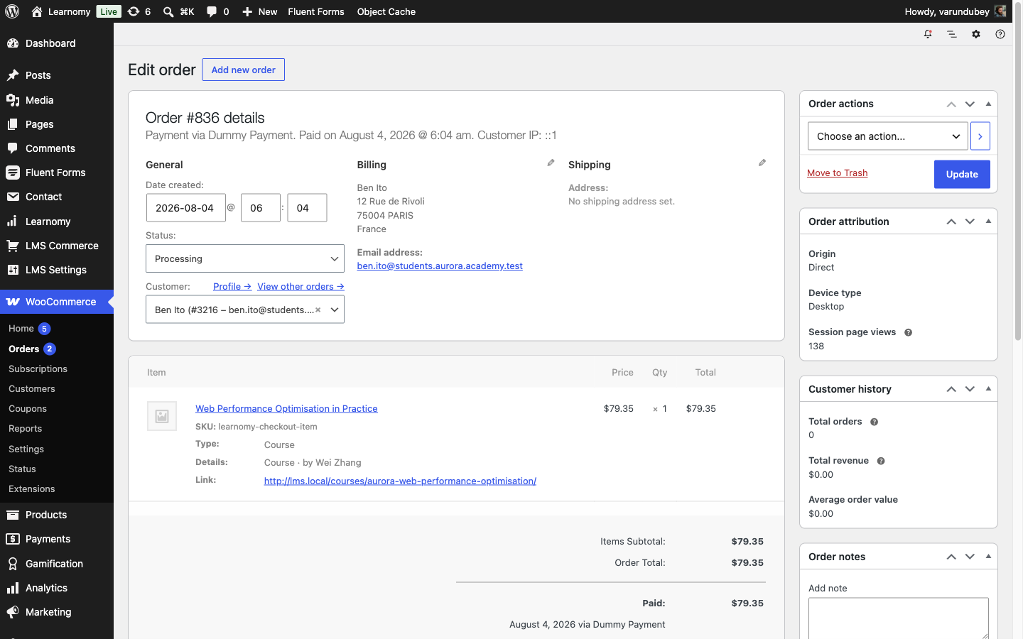Completed WooCommerce order for the course purchase
