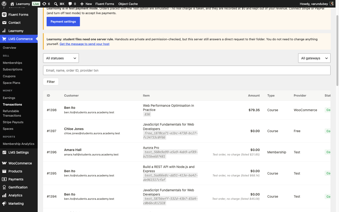 Learnomy transaction record showing provider WooCommerce and the matching order number