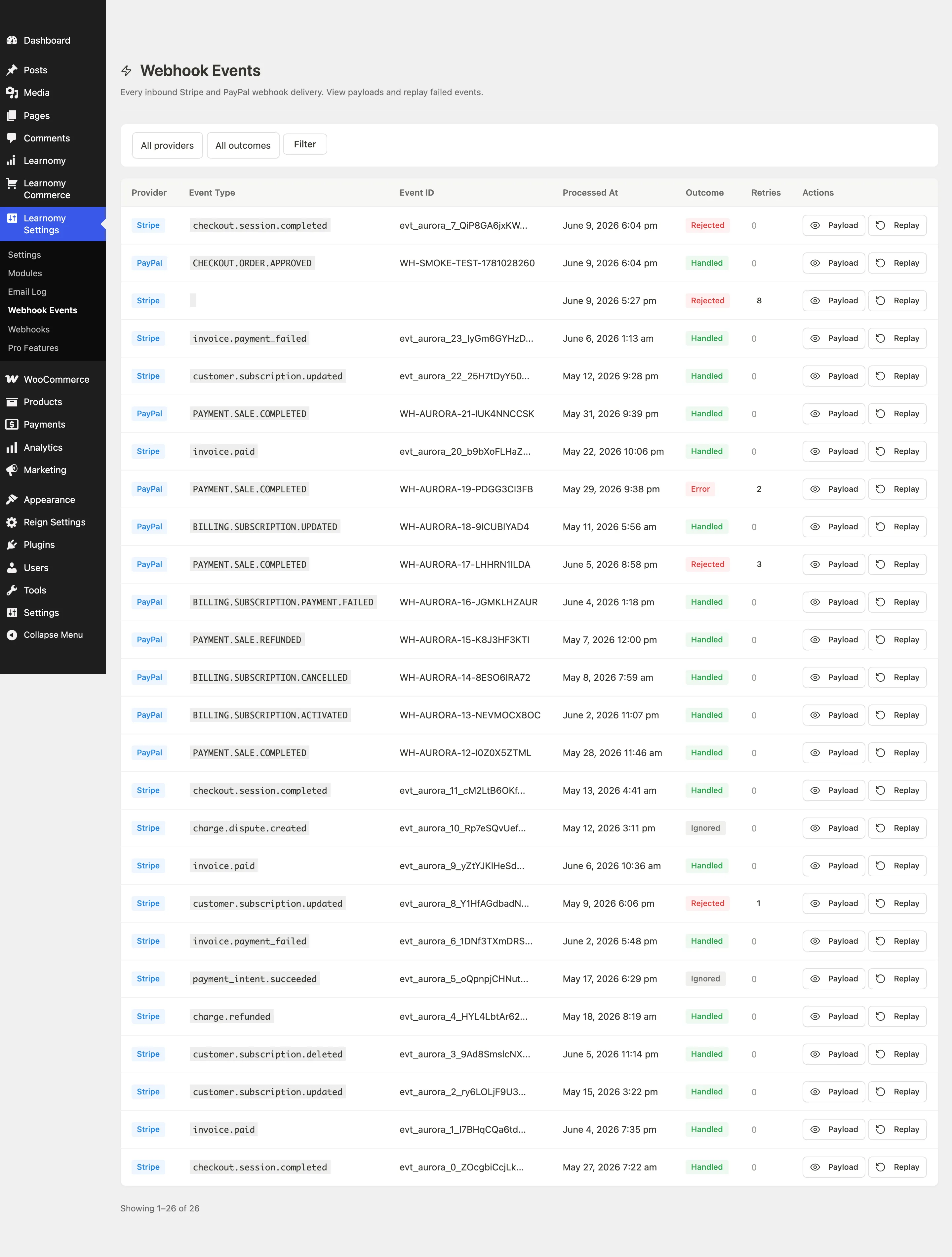 Webhook Events page