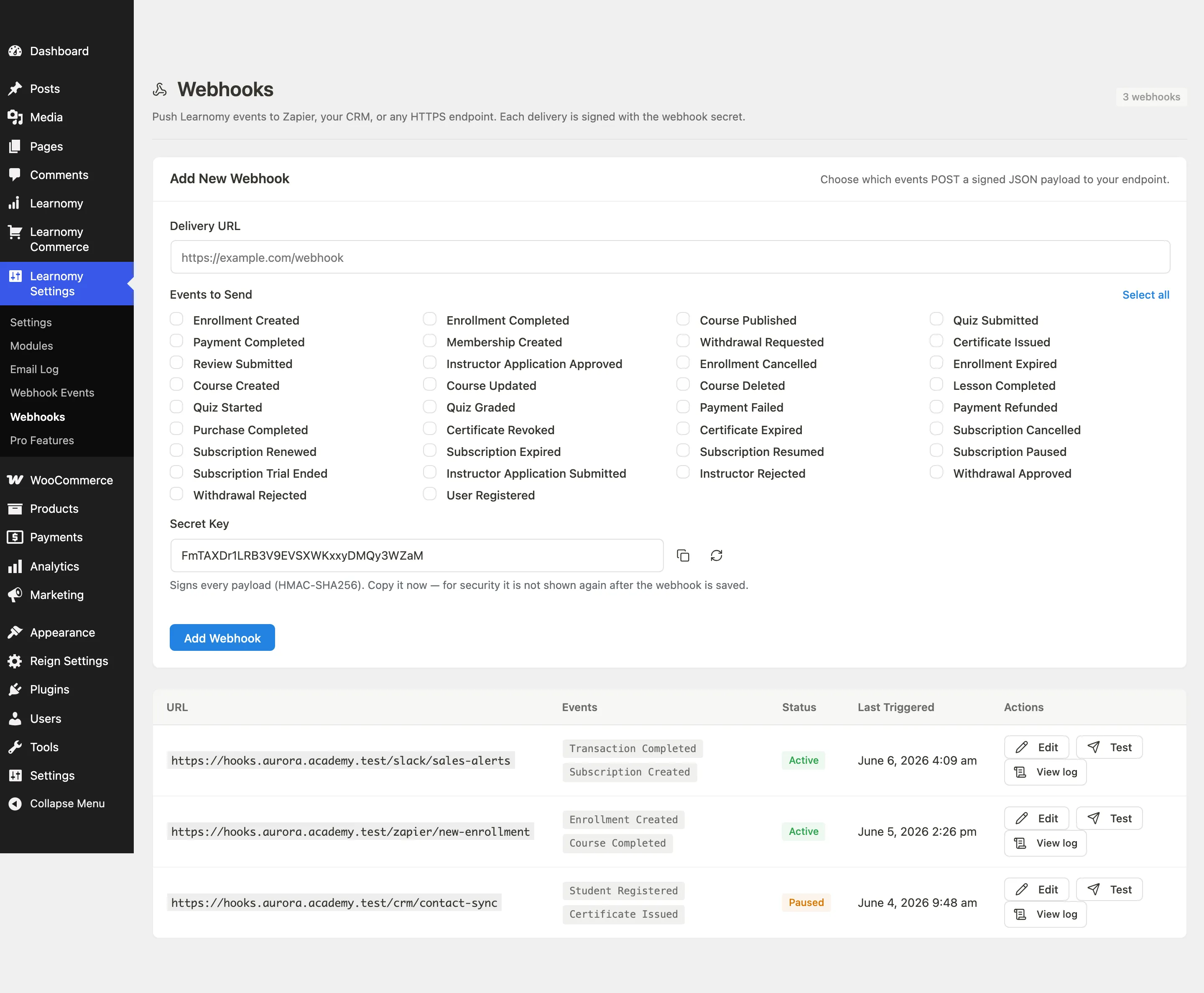 Webhooks page overview