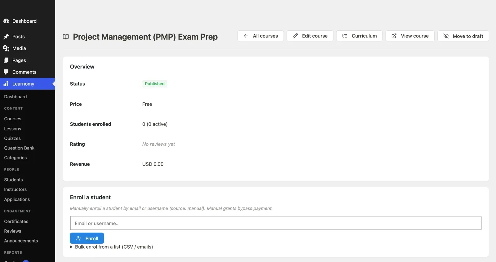 Course detail screen in wp-admin with the Enroll a student card and the Bulk enrol from a list option